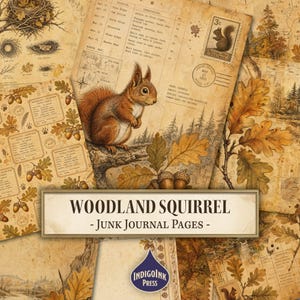 May include: A collection of junk journal pages featuring vintage-style illustrations of a squirrel, oak leaves, acorns, and bird nests. The paper has a sepia-toned, aged appearance with printed text, maps, and a postage stamp. The text reads WOODLAND SQUIRREL - JUNK JOURNAL PAGES - and INDIGO INK PRESS.