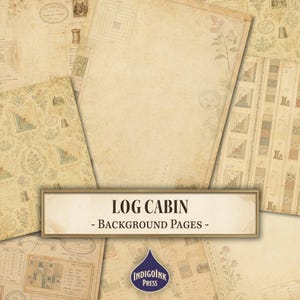 Könnte beinhalten: Eine Sammlung von Papierbögen im Vintage-Stil in Beige- und Cremetönen mit verblassten Illustrationen von Log-Cabin-Quiltmustern, Fingerhüten, Blumenmotiven und technischen Diagrammen. Der Text LOG CABIN - BACKGROUND PAGES ist zentriert.