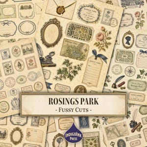 May include: A collection of vintage-style paper ephemera featuring Rosings Park designs, including ornate frames, botanical rose illustrations, inkwells with quill pens, postage stamps, dance cards, maps, and envelopes on a cream-colored background.