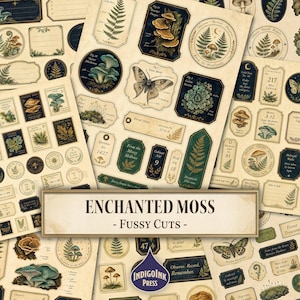 May include: A collection of vintage-style paper ephemera featuring botanical illustrations of ferns, mushrooms, moss, and moths. The stickers include various labels, tags, and circular designs with text like Forest Notes and Specimen No. 1427.