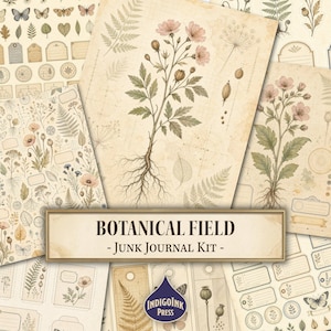 May include: A Botanical Field junk journal kit featuring multiple sheets of paper with vintage-style botanical illustrations of flowers, ferns, and butterflies, along with various labels and tags on a cream-coloured background with the text Botanical Field - Junk Journal Kit -.