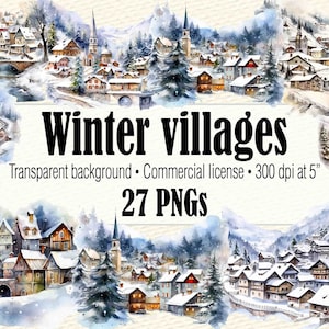 Watercolor Winter Clipart, Christmas Scene Clipart, Minimal Winter Village Clipart, Winter Scene Clipart, Christmas Village