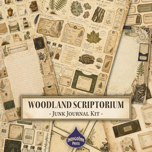 Puede incluir: Una colección de efímeras de papel de estilo vintage con ilustraciones botánicas y texto. El diseño incluye etiquetas, rótulos y papel rayado, con el texto "WOODLAND SCRIPTORIUM - JUNK JOURNAL KIT -" en una pancarta rectangular. La paleta de colores es principalmente beige y marrón.