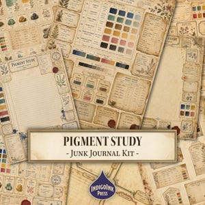 May include: A collection of vintage-style paper ephemera with botanical illustrations and color swatches. The text "PIGMENT STUDY - JUNK JOURNAL KIT" is displayed on a banner. The papers have a distressed, aged appearance with various stamps and labels.