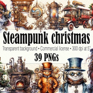 Watercolor Steampunk Christmas, Steampunk Santa Claus PNG, Steampunk Clipart, Steampunk Ephemera, Snowman Clipart, Christmas Clipart