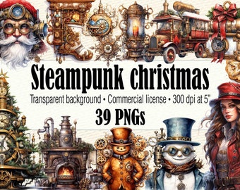 Watercolor Steampunk Christmas, Steampunk Santa Claus PNG, Steampunk Clipart, Steampunk Ephemera, Snowman Clipart, Christmas Clipart