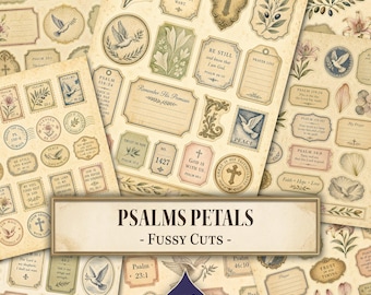 May include: A collection of vintage-style paper ephemera featuring religious themes, including doves, crosses, lilies, and olive branches. The designs incorporate various Psalm verses, prayer lists, and labels in a muted color palette on aged paper.