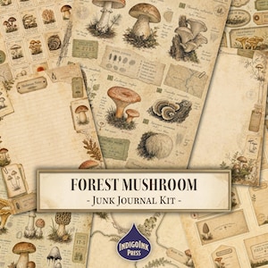 Puede incluir: Una colección de hojas de papel de estilo vintage con ilustraciones botánicas de varios hongos, diagramas científicos y secciones de notas rayadas. Las páginas tienen un aspecto beige envejecido con el texto FOREST MUSHROOM - JUNK JOURNAL KIT -.