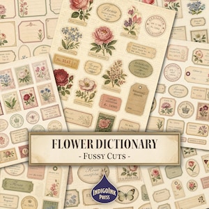 Könnte beinhalten: Eine Sammlung von Papier-Ephemera im Vintage-Stil mit botanischen Illustrationen von Blumen, Briefmarken und Etiketten mit Texten wie Flower Dictionary, Fussy Cuts und Herbarium. Die cremefarbenen Bögen zeigen verschiedene florale Motive.