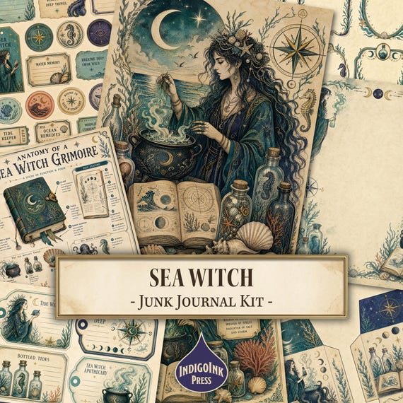 Sea Witch Junk Journal Kit, Grimoire Pages, Witch Journal, Apothecary, Botanical Ephemera, Spell Book, Printable Digital Download