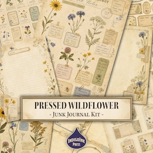 Puede incluir: Una colección de efímeras de papel de estilo vintage con flores silvestres prensadas, ilustraciones botánicas y notas manuscritas. El kit incluye etiquetas, etiquetas y papel rayado, ideal para junk journaling.