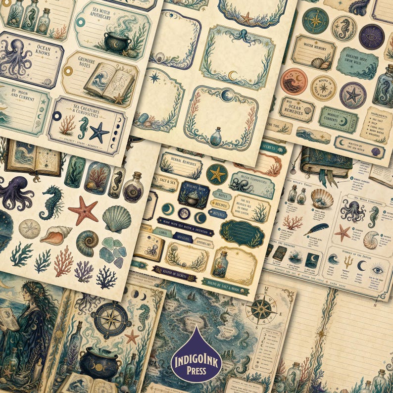 Sea Witch Junk Journal Kit, Grimoirepagina's, Heksenjournal, Apothekersdagboek, Botanische efemera, Spreukenboek, Printbare digitale download afbeelding 3