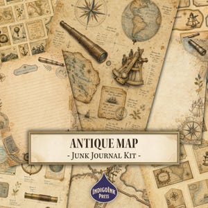 Puede incluir: Una colección de hojas de papel de estilo vintage con mapas antiguos, instrumentos náuticos como telescopios y sextantes, globos terráqueos y notas manuscritas. El papel tiene un aspecto envejecido en tonos sepia con texto.