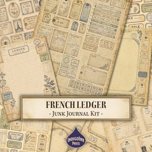 Peut inclure: Une collection de papiers éphémères de style vintage présentant des modèles de registres français, des fragments de factures, des étiquettes d'archives et des numéros en tons sépia. Le texte inclut FRENCH LEDGER - JUNK JOURNAL KIT et divers termes administratifs français.