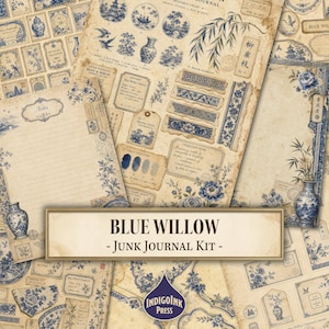Blue Willow Junk Journal Kit, Chinoiserie Paper, Blue and White Botanical Ephemera, Porcelain Journal, Printable Digital Download