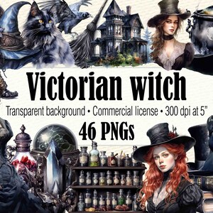 Victorian Witch Clipart, Watercolor Victorian Goth Clipart, Dark Gothic Witch Junk Journal Ephemera, Witchy PNG, Witchcraft Clipart
