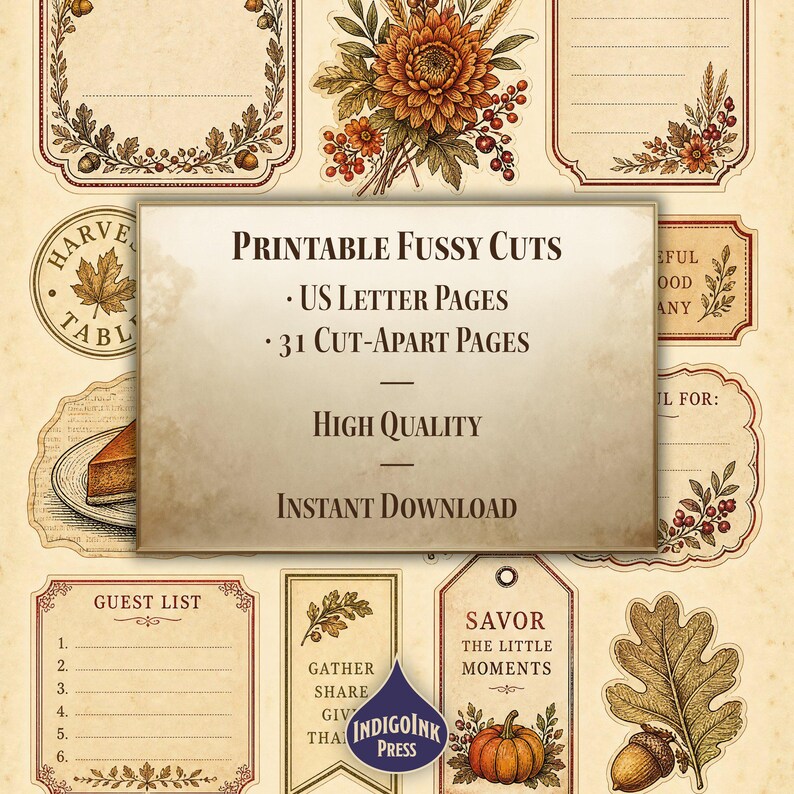 Thanksgiving Table Fussy Cuts, Thanksgiving Menu, Harvest Table, Place Cards, Menu Card, Antique Brass, Printable Ephemera, Digital Download image 6