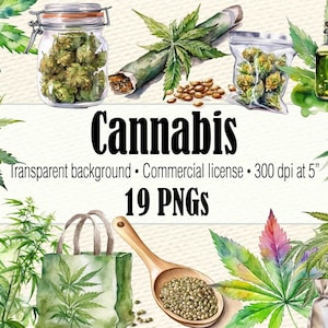 Cannabis Clipart Files, Watercolor Hemp Clipart Bundle, Marijuana PNG Wall Art, Watercolor Cannabis Scrapbook Art, Pot Leaf