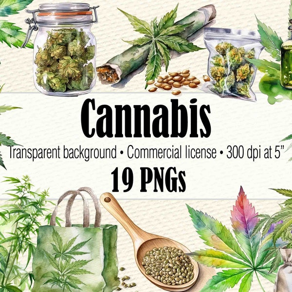 Cannabis Clipart Files, Watercolor Hemp Clipart Bundle, Marijuana PNG Wall Art, Watercolor Cannabis Scrapbook Art, Pot Leaf