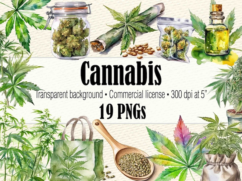 Cannabis Clipart-Dateien, Aquarell Hanf Clipart Bundle, Marihuana PNG Wandkunst, Aquarell Cannabis Scrapbook Art, Pot Leaf Bild 1