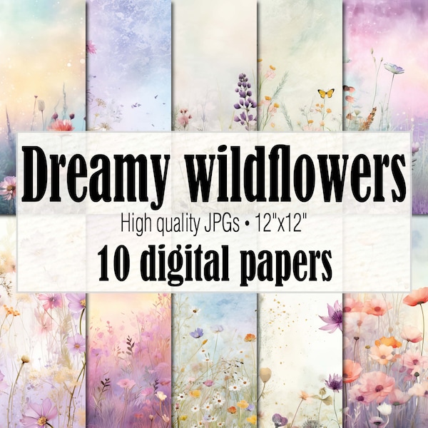 Papier numérique rêveur de prairie de fleurs sauvages, pages de journal indésirable à motif de fleurs sauvages, pépinière de fleurs sauvages d’été imprimable, découpage floral