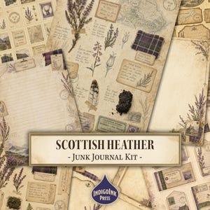 May include: A Scottish Heather junk journal kit featuring vintage-style stationery with botanical illustrations of heather, tartan fabric swatches, maps, postage stamps, and handwritten field notes on aged, cream-coloured paper with a distressed texture.