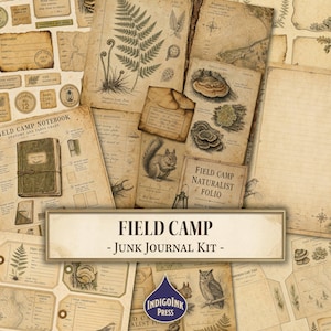 May include: A collection of vintage-style paper ephemera featuring botanical illustrations of ferns and mushrooms, wildlife drawings of a squirrel and owl, topographic maps, and field notes. The set includes labels and text reading FIELD CAMP - JUNK JOURNAL KIT - and INDIGOINK PRESS.