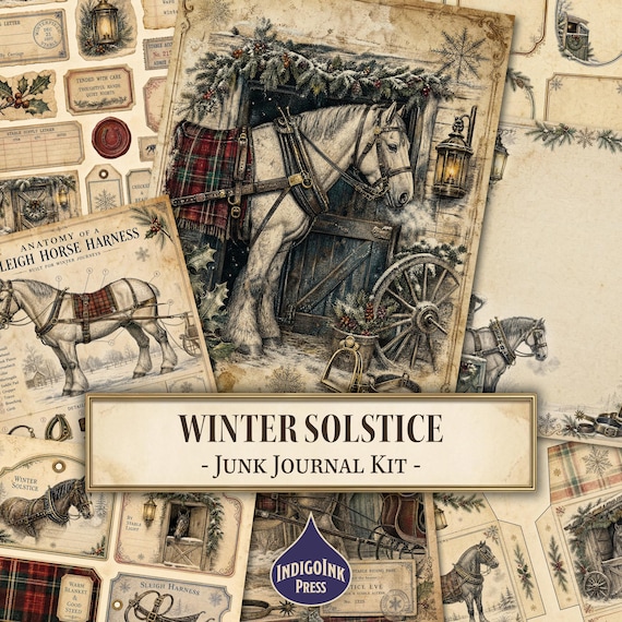 Winter Solstice Junk Journal Kit, Christmas Printable, Vintage Horse Print, Equestrian Journal, Aged Paper, Ink Wash, Printable Digital