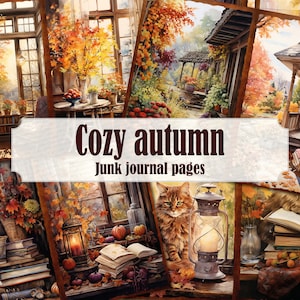 Cozy Fall Junk Journal Pages, Vintage Autumn Ephemera, Cottagecore Book Lover Scrapbooking Printable, Garden Nature Cat Coffee Ephemera