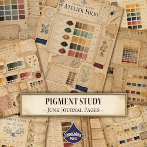 May include: A collection of vintage-style paper sheets titled Pigment Study Atelier Folio, featuring aged parchment textures, botanical illustrations, handwritten notes, and detailed colour charts with various pigment swatches in earthy tones.