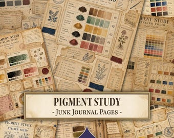 May include: A collection of vintage-style paper sheets titled Pigment Study Atelier Folio, featuring aged parchment textures, botanical illustrations, handwritten notes, and detailed color charts with various pigment swatches in earthy tones.
