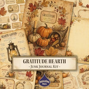 Op de afbeelding: Een Gratitude Hearth junk journal kit met vintage-stijl papierbladen voorzien van herfstillustraties van pompoenen, hoorns des overvloeds, herfstbladeren en kaarsen, inclusief labels, tags en een anatomische kaart van een lantaarn.