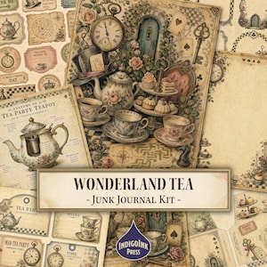 Peut inclure: Un kit de junk journal intitulé WONDERLAND TEA composé de feuilles de papier au style vintage illustrées de théières, tasses, horloges, clés, cartes à jouer et motifs floraux dans des tons sépia et pastel, avec le logo IndigoInk Press.