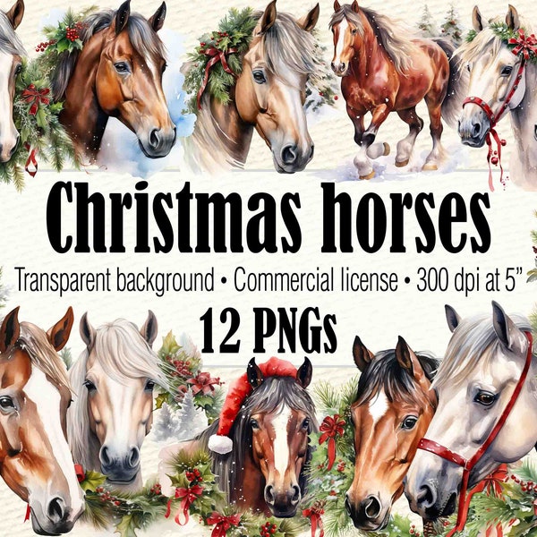 Christmas Horse Clipart, Winter Horse PNG, Christmas Scene Clipart, Winter Scene PNG, Running Horse Watercolor Sublimation