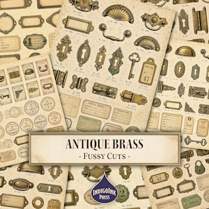 Può includere: Una collezione di illustrazioni di ferramenta in ottone antico su carta, inclusi pomelli per cassetti, cerniere, bocchette per serrature ed etichette di inventario. Il testo riporta ANTIQUE BRASS - FUSSY CUTS e INDIGO INK PRESS.