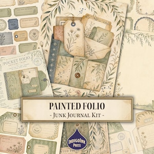 Geschilderde Folio Junk Journal Kit, Botanische Ephemera, Aquarel Journal, Folio Pocket, Achtergrondpapier, Printbare Digitale Download