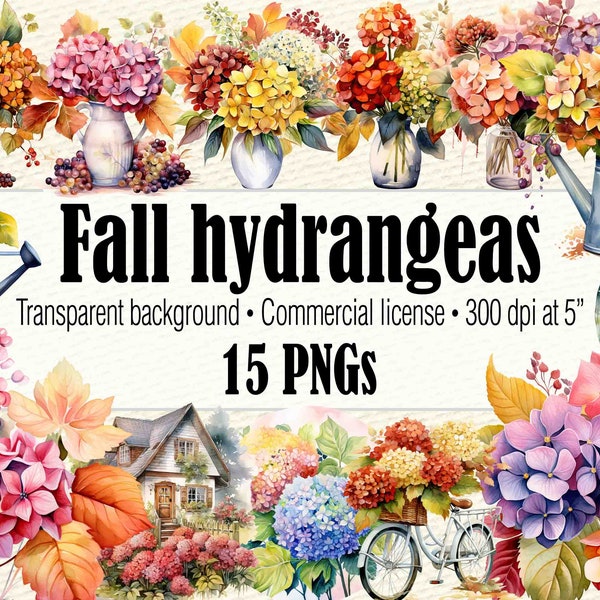 Watercolor Hydrangea Clipart, Fall Flower Clipart, Boho Floral Clipart, Cottagecore Clipart, Fall Arrangement Hydrangea PNG, Boho Fall PNG
