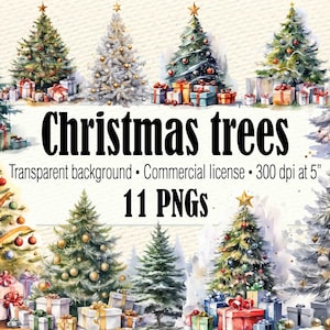 Modern Christmas Tree Clipart, Watercolor Christmas Tree Clipart, Christmas Tree PNG, Christmas Scene PNG, Classic Christmas Clipart