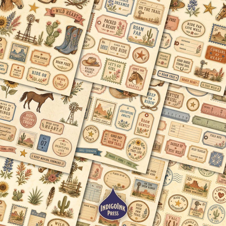 Frontier Cowgirl Fussy Cuts, Cowgirl, Cowgirl Ephemera, Cowgirl Hat, Cowgirl Journal, Frontier Scenes, Printable Ephemera, Digital Download image 2