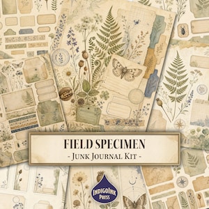 May include: A junk journal kit featuring cream-colored paper sheets with botanical illustrations of ferns, wildflowers, and moths. The collection includes various labels, tags, and grid patterns with a vintage aesthetic. Text reads FIELD SPECIMEN - Junk Journal Kit - and INDIGOINK PRESS.