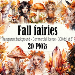 May include: A digital illustration set of 20 fall fairies with transparent backgrounds. The fairies are depicted with wings, autumn leaves, mushrooms, and crystals. The text "Fall fairies" and "20 PNGs" is included in the image.