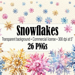 Watercolor Christmas Snowflakes Clipart, Snowflake PNG, Snowflake Printable, Cozy Winter Clipart For Commercial Use, Gold Christmas Clipart