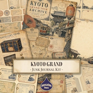 May include: A Kyoto Grand Junk Journal Kit featuring vintage-style paper ephemera with illustrations of a tram, a red lantern, a trunk, and maps. The text reads KYOTO GRAND TOUR ARCHIVE, A TRAVELLER'S RECORD OF IMPERIAL KYOTO 1905, and KYOTO GRAND - Junk Journal Kit -.