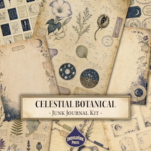 Kit per junk journal botanico celeste, tabelle delle fasi lunari, materiale botanico effimero, mappe stellari, download digitale stampabile.