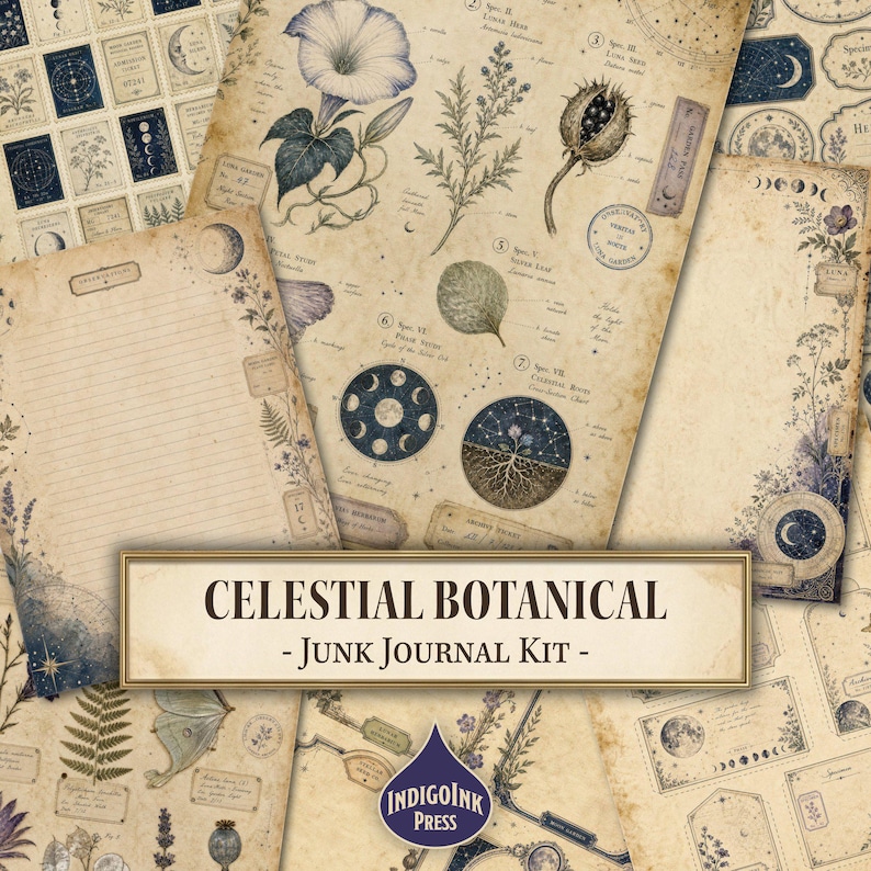 Celestial Botanical Junk Journal Kit, Moon Phase Charts, Botanical Ephemera, Star Maps, Printable Digital Download image 1