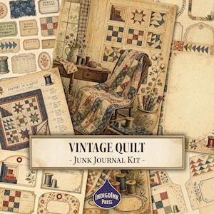May include: A junk journal kit featuring a vintage quilt theme with paper sheets displaying patchwork patterns, sewing notions, spools of thread, and a central illustration of a quilt draped over a wooden chair. Text reads VINTAGE QUILT - Junk Journal Kit - and INDIGOINK PRESS.