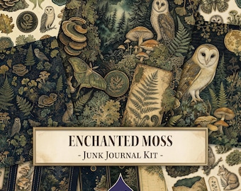 Op de afbeelding: Een junk journal kit getiteld ENCHANTED MOSS met donkere bospatronen met uilen, motten, paddenstoelen, varens en vossen in tinten donkergroen, bruin en goud. De kit bevat diverse decoratieve vellen papier en labels met natuurlijke motieven.