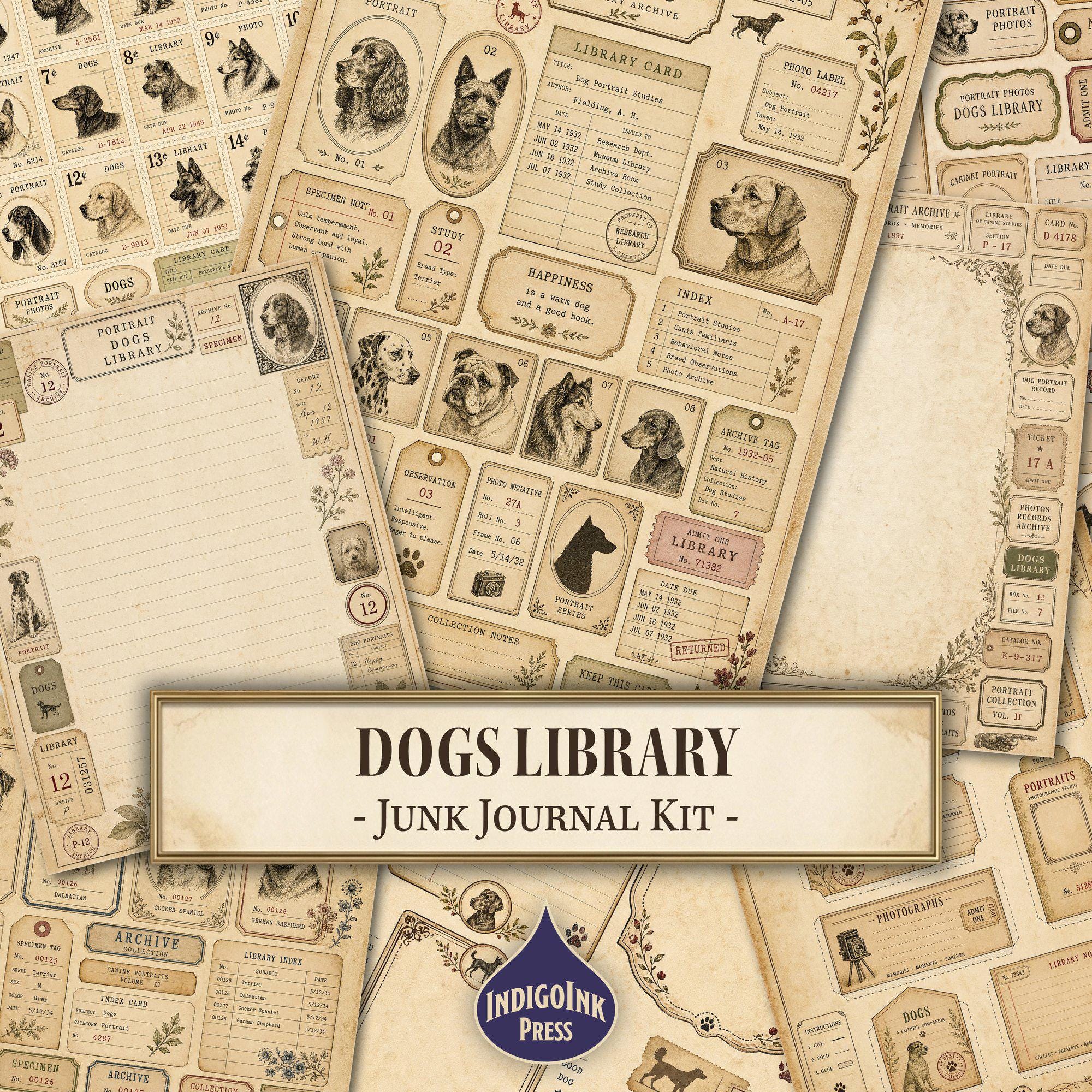 Journal Doogs Dogs Library Junk Journal Kit, Vintage Dog Portrait Ephemera, Dog ...