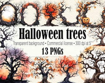 Imágenes prediseñadas de árbol de Halloween, silueta de árbol PNG de árboles espeluznantes, imágenes prediseñadas de rama de árbol gótico de gráficos de Halloween, paquete de imágenes prediseñadas de Halloween de acuarela