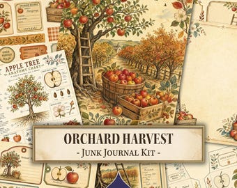 Orchard Harvest Junk Journal Kit, Botanical Ephemera, Folk Art, Autumn Journal Kit, Seed Packet Labels, Writing Pages, Printable Digital